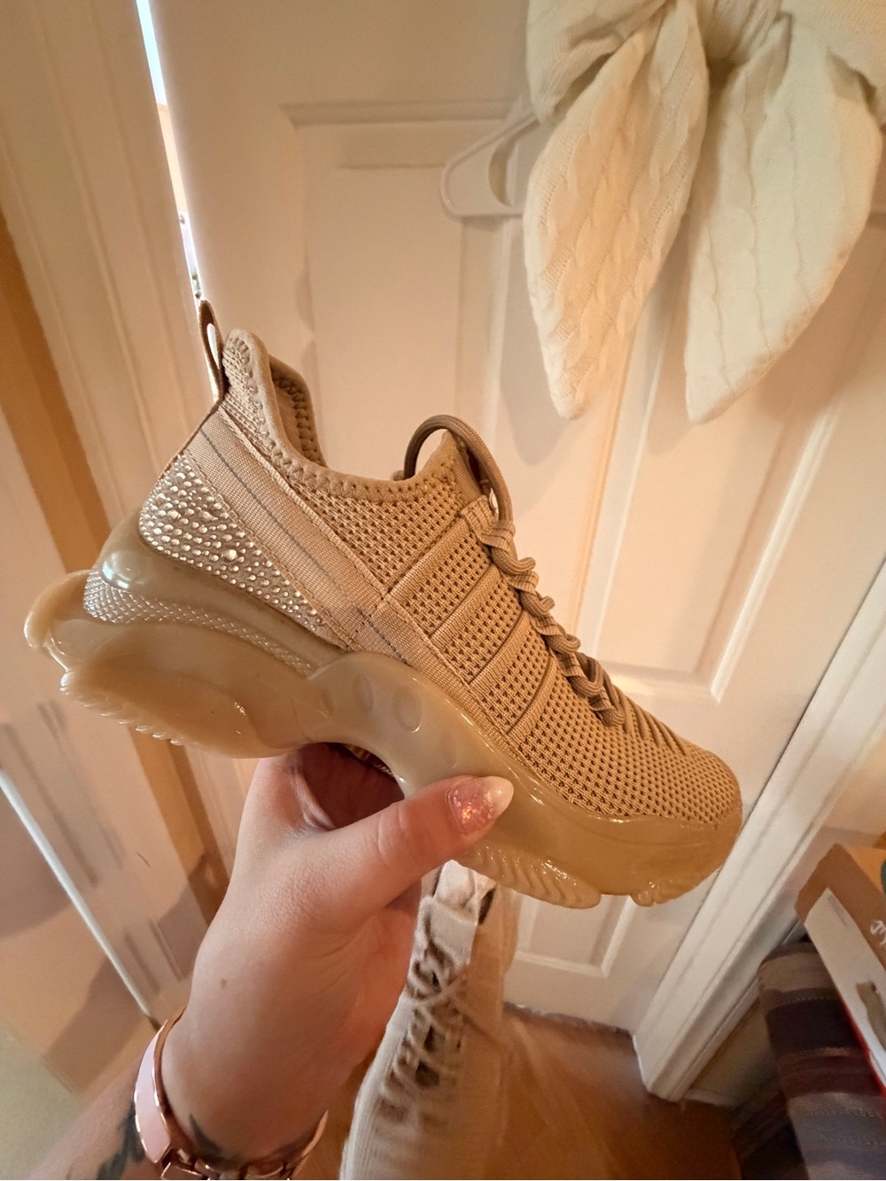 Malibu Beige Knit Platform Sneaker with Crystal Accent